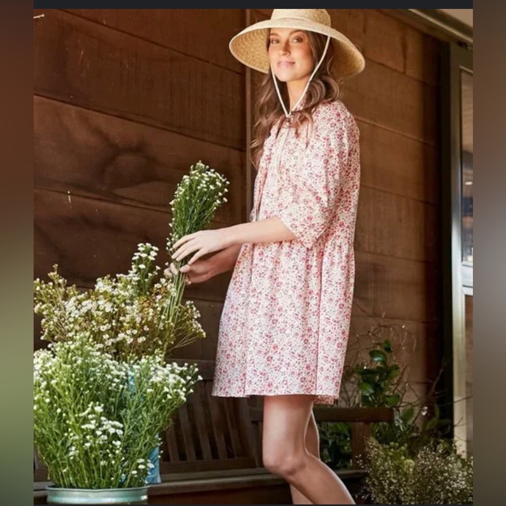 Tuckernuck Vermillion Ditsy Royal Shirt Dress Red White Floral Print Size m